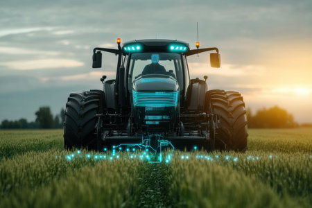 Innovative autonomous tractor operates in a vast wheat field, featuring high-tech AI control and glowing digital overlays as the sun sets on the horizon.の素材