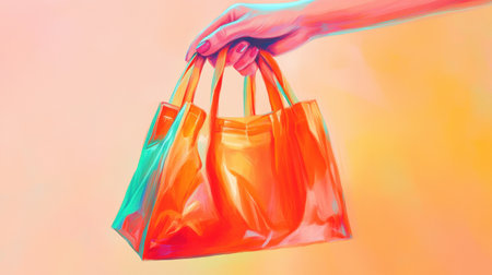 A hand reaches out, offering a colorful grocery bag in soft, bright colors, inviting the viewer to engage in a cheerful and vibrant exchange.の素材