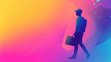 A delivery worker silhouette walks against a vibrant abstract background featuring gradient overlays and bright neon tones, creating a dynamic atmosphere.の素材