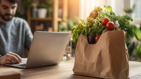 Parent balances work on a laptop while receiving a grocery delivery at the doorstep in a warm, cozy home setting filled with natural light.の素材