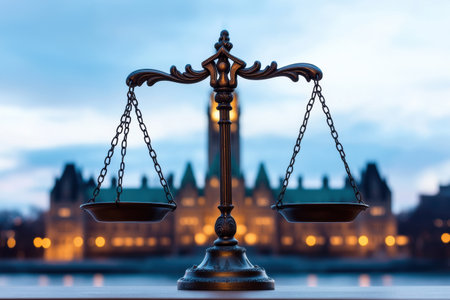 The scales of justice stand out in the foreground, balanced, with a softly lit parliament building behind at dusk.の素材