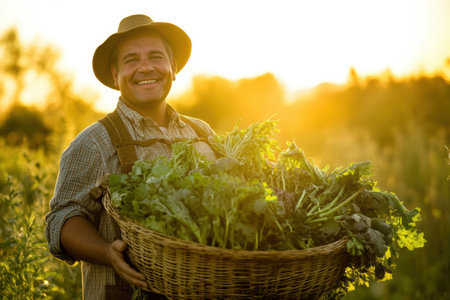 A joyful farmer stands in a vibrant field, cradling a large basket overflowing with fresh vegetables as warm sunlight bathes the rural landscape around him.の素材
