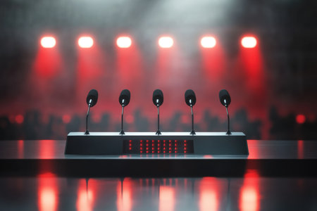 A sleek podium equipped with multiple microphones stands under a spotlight, set against a blurred audience, primed for powerful speeches and discussions.の素材