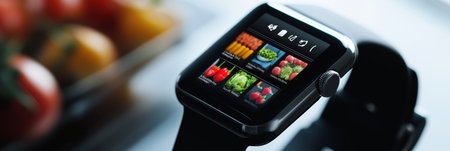 Smartwatch showcases an organized grocery list highlighted by a minimal design, enhancing the convenience of shopping in a cozy kitchen environment.の素材