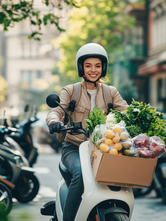 A young courier rides an electric scooter, confidently delivering fresh groceries. The vibrant green city background adds a touch of nature to the delivery.の素材