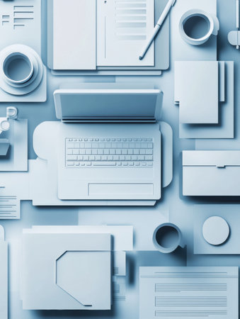 A visually appealing layout showcases a collection of office elements, including laptops, documents, and coffee cups, all arranged in layered paper cut style.の素材