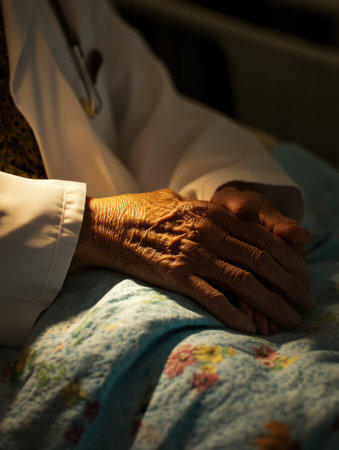 A doctor sits beside a patient, offering reassurance through a warm hand-holding gesture in a clean medical environment filled with soft natural light.の素材
