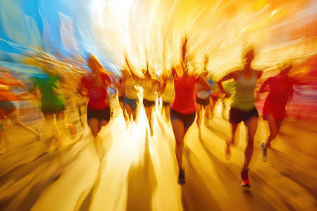 Participants sprint joyfully through the streets, united for a charitable cause, showcasing determination and community spirit against a bright backdrop.の素材