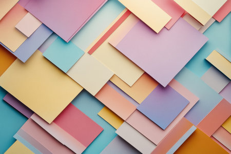 Layers of geometric shapes create a stylish abstract background in soft pastel tones, showcasing a clean and modern design with deep shadows and textures.の素材