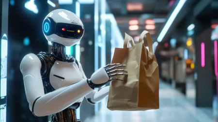 In a clean cyberpunk environment, a friendly delivery robot presents a grocery bag, showcasing advanced technology and modern digital aesthetics.の素材
