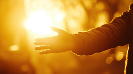 In a compassionate moment, a volunteer reaches out to assist a person in need, surrounded by a warm, golden light that enhances the emotional atmosphere.の素材