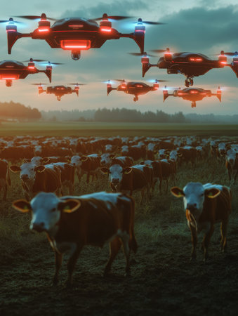 A fleet of autonomous drones equipped with glowing digital sensors scans a herd of cows in a rural field as the sun sets, enhancing farm management efficiency.の素材