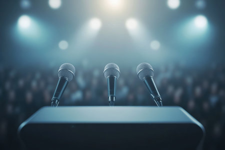 A spotlighted political podium with multiple microphones, set against a blurred, focused audience anticipating a speech.の素材