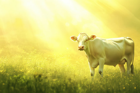 A tranquil dairy cow grazes in a vibrant meadow filled with green grass and gentle sunlight, creating a serene and warm atmosphere in the countryside.の素材