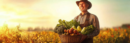 A joyful farmer stands in a vibrant field, proudly displaying a basket filled with fresh vegetables under warm, inviting sunlight.の素材