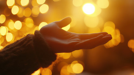A volunteer reaches out with an open hand, symbolizing support and compassion, illuminated by soft golden lighting in the background.の素材