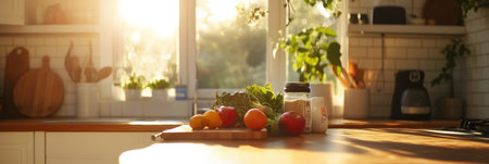 Bright kitchen filled with fresh groceries and a welcoming family atmosphere, sunlight streaming in, creating a perfect morning ambience for cooking.の素材