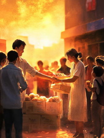 Volunteers distribute food packages to grateful recipients in a warm, hopeful gathering as the sun sets, creating a serene atmosphere of kindness and support.の素材