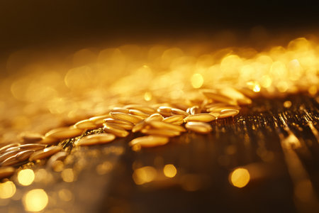 Golden wheat grains lie scattered on a rustic wooden table, illuminated by warm lighting that accentuates their luxurious texture and color.の素材