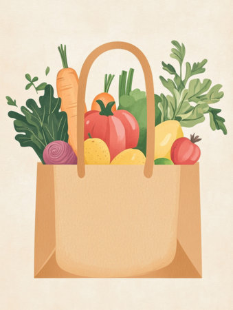 A paper bag brims with colorful organic fruits and vegetables, perfect for health-conscious, eco-friendly shoppers.の素材