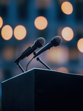 A sleek podium with microphones stands under a spotlight, blurring the audience behind it and adding gravity to the moment.の素材