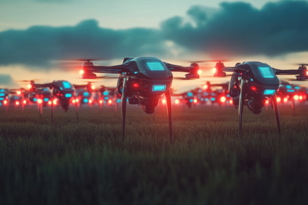 Autonomous drones equipped with glowing sensors conduct scans of a herd of cows at dusk, enhancing farm management technology and livestock monitoring.の素材