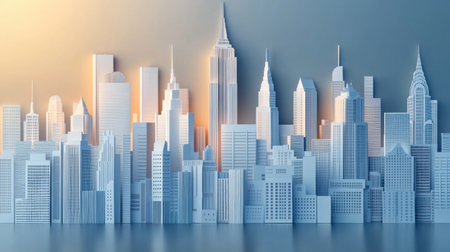A captivating city skyline crafted from layered cut paper features soft lighting and modern urban architecture with a dynamic viewpoint for visual impact.の素材