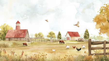 A serene farm landscape with cows, chickens, and horses roaming freely among rustic barns under a gentle sky.の素材