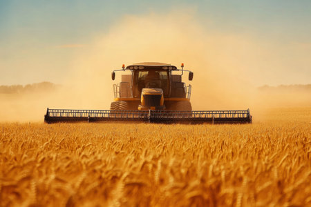 Harvester works tirelessly in a vast golden wheat field, creating clouds of dust as it moves swiftly under beautiful cinematic light at sunset.の素材
