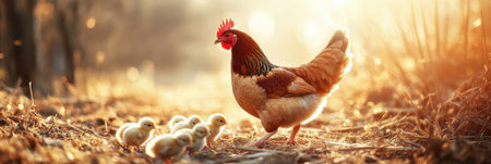 Soft warm tones capture a mother hen walking with her fluffy chicks on straw-covered ground, creating a peaceful atmosphere in the fading light.の素材
