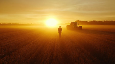 A farmer stands in a vast field at sunrise, with golden rays of light illuminating the horizon and creating an atmosphere of tranquility and peace.の素材