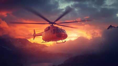 A rescue helicopter navigates the breathtaking mountainous landscape, illuminated by stunning sunset colors and dynamic cloud formations, reflecting urgency.の素材