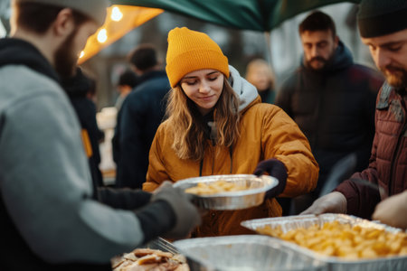 Volunteers provide warm meals to support the homeless, fostering a caring environment of compassion and community.の素材
