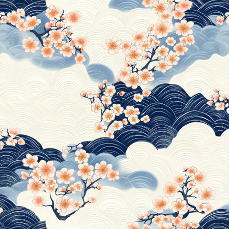 Delicate cherry blossoms float among traditional wave motifs in soft indigo tones, creating an elegant and timeless Japanese pattern ideal for design projects.の素材