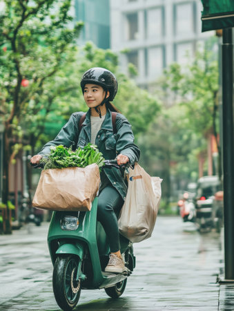 A young courier rides an electric scooter through a vibrant, green city, delivering fresh groceries while navigating the rain-soaked street.の素材