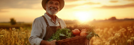 Joyful farmer stands in a sunlit field, proudly holding a large basket filled with fresh vegetables, surrounded by a peaceful rural landscape.の素材