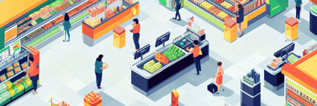 Customers navigate through aisles in a vibrant supermarket while Instacart couriers pick up groceries at self-checkout counters, creating a lively atmosphere.の素材