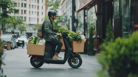 A young courier rides an electric scooter loaded with fresh groceries, navigating through a lush green city landscape surrounded by urban life.の素材