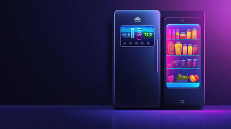 Advanced refrigerator equipped with a grocery ordering interface and a vibrant display showcasing organized food items in a stylish kitchen environment.の素材