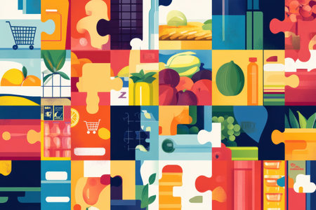 Fresh groceries are arranged as a colorful puzzle, representing a complete shopping experience filled with vibrant modern colors and diverse produce.の素材