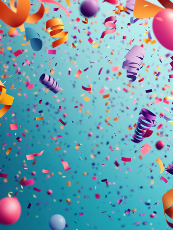 Confetti and party elements fill the air in a joyful celebration, creating a fun atmosphere full of color and excitement for everyone involved.の素材