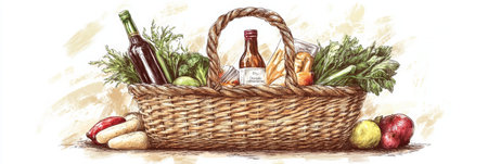 A beautifully illustrated grocery basket filled with fresh vegetables, fruits, and artisanal items, showing a vibrant selection of organic products.の素材