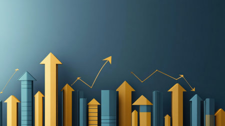 Stylized business background showcases layered bar charts and upward arrows in a gold and blue palette, perfect for financial reports and presentations.の素材