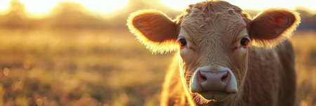A cow gazes softly while basking in warm sunlight, highlighting the textures of its fur and creating a serene rural atmosphere in the blurred farm background.の素材