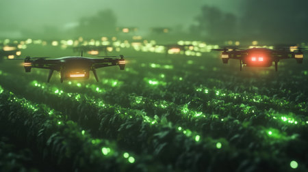 A fleet of advanced drone hovers above a vibrant green field, utilizing glowing sensors to monitor crop health and optimize farming practices during twilight.の素材