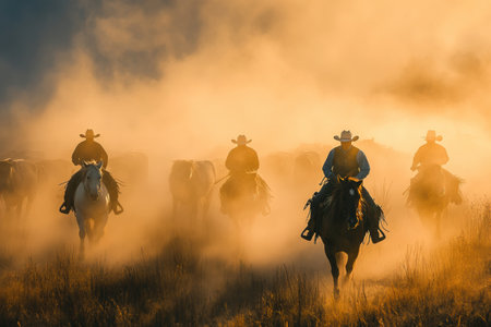Cowboys navigate through rising dust while herding cattle on horseback, with cinematic lighting enhancing the high-energy atmosphere of the moment.の素材