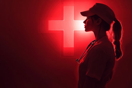 Silhouette of a nurse stands with a stethoscope, illuminated against a glowing red cross, embodying professionalism in a modern healthcare environment.の素材