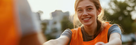 A smiling volunteer extends a hand to assist someone in need, surrounded by soft golden lighting and a blurred background of compassion.の素材