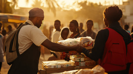 Volunteers distribute food packages to a crowd in need, creating a sense of community and hope. The atmosphere is uplifting and filled with soft lighting.の素材