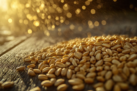 Close-up of wheat grains showing rich golden hues against a rustic wooden surface, highlighted by gentle lighting that enhances their texture and warmth.の素材